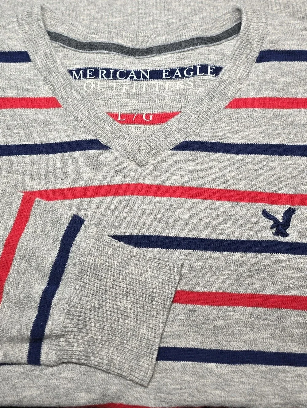 American Eagle Outfitters Gray V-Neck Sweater with Red & Navy Stripes